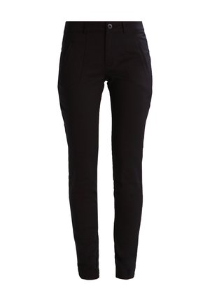 Schwarze Slim-Fit-Hosen aus strukturiertem Stoff, mit vorderen Taschen und Knopfverschluss. Glatte Oberfläche mit dezenten Stichdetails.