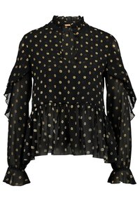 Mustat puserot, jossa on röyhelökaula-aukko ja hihat, kultaisia kukkakuvioita ja timantteja. Läpinäkyvä materiaali, jossa on liehuva peplum-muoto.