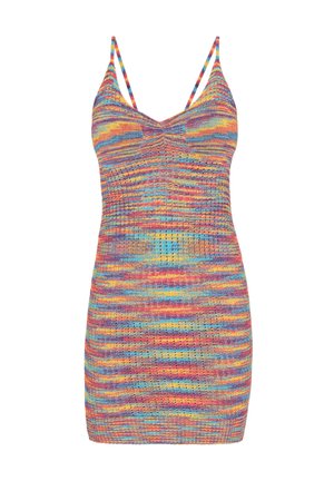 Farbenfrohes gestricktes Kleid mit figurbetontem Schnitt. Verfügt über dünne, verstellbare Träger und ein strukturiertes, gestreiftes Muster in lebendigen Farbtönen.
