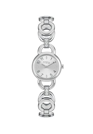 Orologio da polso argento con quadrante rotondo, numeri chiari e quadrante texturizzato. Presenta anelli intrecciati con tre piccoli accenti di cristallo.