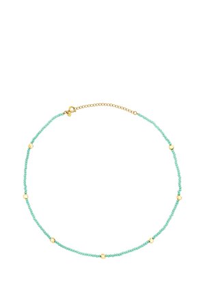 Turkis perlekæde med gulddetaljer, runde perler og en fin kæde med en lås i hummerklolås til lukning.