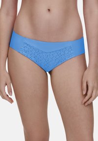Blue bikini bottom featuring a smooth waistband and lace texture panel. The design includes a V shape on the front, emphasizing softness.