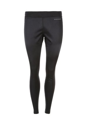 Svarta träningsleggings gjorda av ett elastiskt material. Har en hög midja och en mjuk yta med en logotyp på övre vänstra sidan.