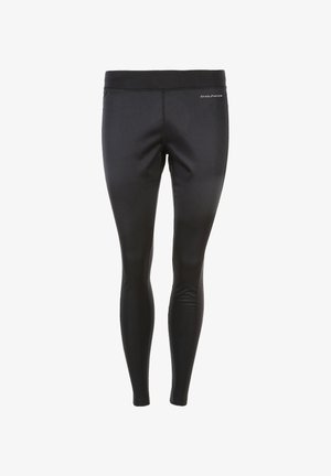 Sorte atletiske leggings lavet af et strækbart stof. Har en høj talje og en glat tekstur med et logo på øverste venstre side.