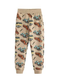 Beige joggers med et trykt design af farverige vintagebiler. Har ribbet talje og manchetter, blødt stof med en let glans.