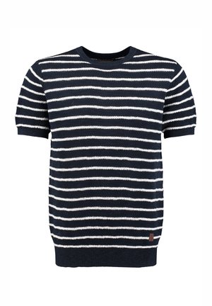 Marineblauwe trui met korte mouwen en witte horizontale strepen, gebreid materiaal, ronde halslijn en een klein bruin label aan de zoom.