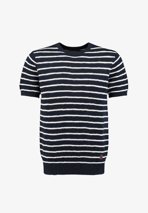 Kurzärmeliges marineblaues Sweatshirt mit weißen horizontalen Streifen, Strickmaterial, Rundhalsausschnitt und einem kleinen braunen Etikett am Saum.