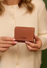 Rudas odinis piniginė su lygiu paviršiumi, su iškilnia ženklinimo. Kompaktiška stačiakampė forma su kontrastinga siuvinėte.