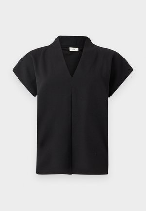 Schwarzes Kurzarm-Top mit V-Ausschnitt, gefertigt aus glattem Stoff, mit einfachem Schnitt und ohne sichtbare Verzierungen.