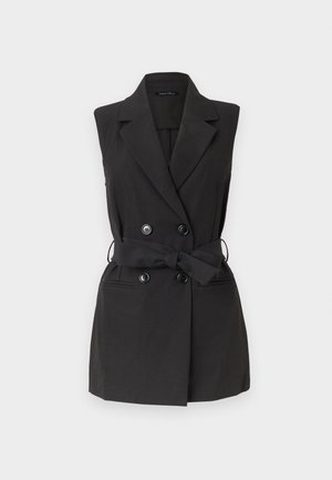 Ärmelloses schwarzes Blazer-Kleid mit doppelreihigen Knöpfen, breiten Revers, Seitentaschen und einem gebundenen Stoffgürtel in der Taille.