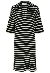 Robe polo noir et blanc à rayures horizontales, à manches courtes, avec un col et une ouverture en V.