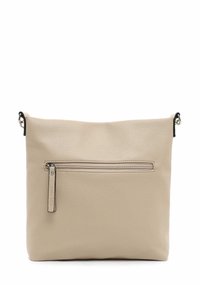 Borsa a tracolla in pelle beige con superficie testurizzata, tasca frontale con zip e dettagli neri. Presenta una tracolla regolabile e un design minimalista.