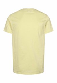 Kollane puuvillane T-särk, lühikesed varrukad, ümar kaelus, pehme tekstuur, lihtne disain ilma mustrite või aktsentideta, vaadatuna tagant.