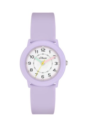 Purple silicone strap wristwatch with white dial, black numbers, pastel-colored hour and minute hands, crystal hour markers, and yellow second hand.