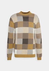 Sweter z okrągłym dekoltem w kratę w odcieniach brązu, beżu, bieli i musztardy, z ryflowanymi mankietami i dolnym brzegiem.