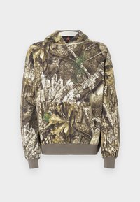 Camo hoodie with a textured fabric featuring earthy tones of brown and green, patterned with leaves and bark details, and a front pocket.
