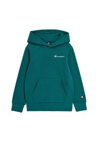 Felpa blu petrolio con cappuccio in pile, dotata di tasca frontale, cappuccio regolabile con cordino e logo "Champion" ricamato sul petto e sulla manica.