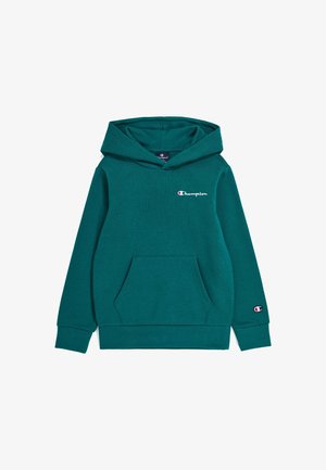 Sudadera de forro polar en color verde azulado con un bolsillo frontal, capucha ajustable con cordones y el logotipo bordado de "Champion" en el pecho y la manga.
