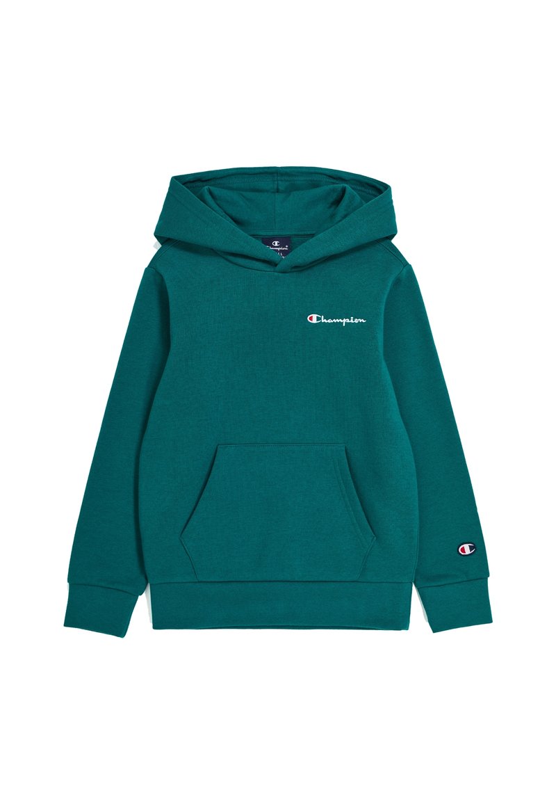 Felpa blu petrolio con cappuccio in pile, dotata di tasca frontale, cappuccio regolabile con cordino e logo "Champion" ricamato sul petto e sulla manica.