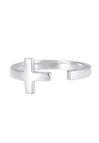 Anello in argento 925 con un design minimalista a croce. Superficie liscia e lucida con una fascia aperta e accenti piatti.