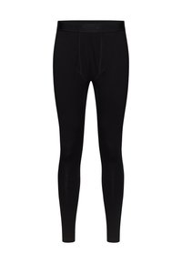 Black leggings made of stretchy fabric, featuring a close-fitting design, elastic waistband, and reinforced stitching for durability.