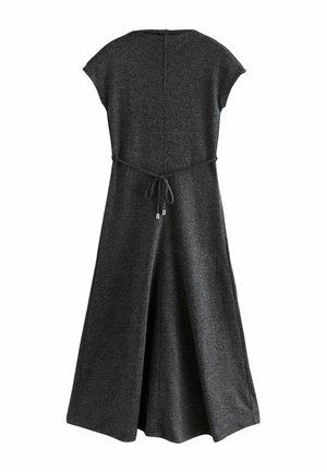 Grau, kurzärmliges Kleid aus strukturiertem Stoff, mit einem taillierten Bund und einem Bindegürtel, A-Linien-Rock und hohem Rückend.