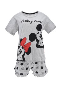 Grau Gestreiftes Pyjama-Set bestehend aus einem Kurzarmoberteil mit dem Text "Feeling Good!" und einem Druck mit Disney-Charakteren in Schwarz und Rot, kombiniert mit gepunkteten Shorts.
