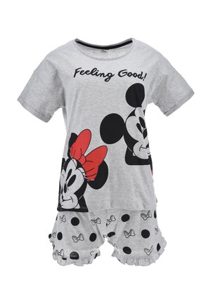 Set di pigiama grigio composto da una maglia a maniche corte con il testo "Mi sento bene!" e una stampa di personaggi Disney in nero e rosso, abbinato a pantaloni corti a pois.