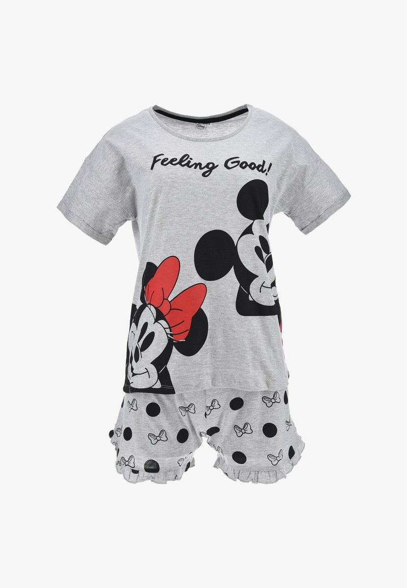 Conjunto de pijama gris que incluye una camiseta de manga corta con el texto "¡Sintiendo bien!" y un estampado de personajes de Disney en negro y rojo, combinado con pantalones cortos de lunares.