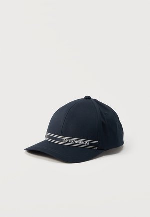 Navy blue baseball cap with curved brim and Emporio Armani logo on a striped band around the front.