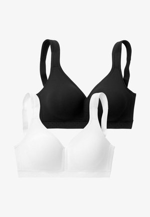 Zwei kabellose BHs in Schwarz und Weiß. Hergestellt aus glattem Stoff mit verstellbaren Trägern und einem Dreiecksdesign. Subtile gepunktete Textur am Bund.