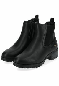 Bottines en simili cuir noir avec une finition texturée, des panneaux latéraux élastiques et un petit talon carré. Inclut des tirants pour un enfilage facile.