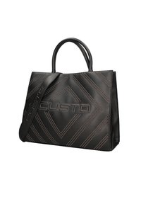 Sac fourre-tout en cuir noir avec un motif en losanges et des clous décoratifs. Deux anses et une bandoulière amovible. Logo embossé à l'avant.