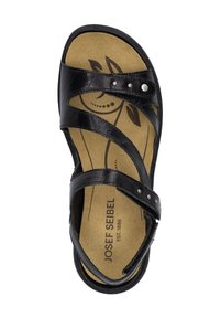 Sorte lædersandal med tre justerbare stropper. Polstret indersål med blomsterdesign og logo. Glat tekstur med dekorative nitter.