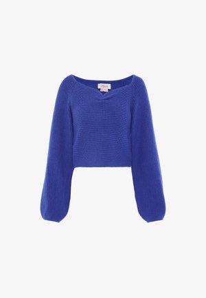 Gekürzter, gestrickter Pullover in lebhaftem Blau mit breitem Ausschnitt und voluminösen langen Ärmeln. Strukturmuster über den gesamten Stoff.