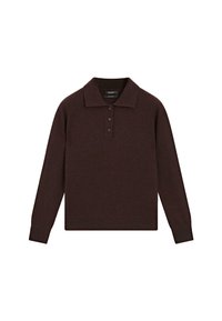 Dark brown long-sleeve knit polo sweater with three buttons and a flat collar, laid flat on a white background.