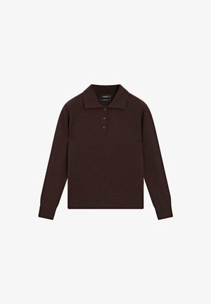 Dark brown long-sleeve knit polo sweater with three buttons and a flat collar, laid flat on a white background.