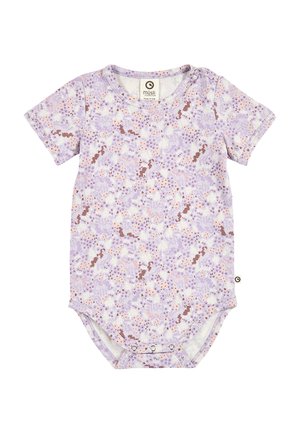 Kurzärmeliges Baby-Body mit lila, weißen und braunen Blumen- und Tiermotiven, Druckknöpfen am Schritt und an der Schulter.