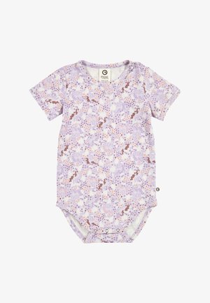 Kurzärmeliges Baby-Body mit lila, weißen und braunen Blumen- und Tiermotiven, Druckknöpfen am Schritt und an der Schulter.