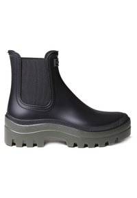 Botas de tobillo de goma negras con una suela texturizada verde oscuro, paneles laterales elásticos y un upper liso. Presenta un logotipo en el lateral.