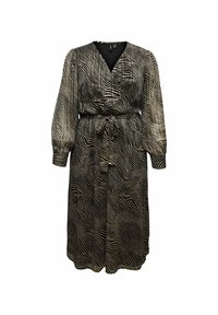 Robe longue à manches longues noire et dorée avec une taille nouée, dotée d'un motif à rayures ondulées et d'un décolleté en V profond. Texture de tissu douce.