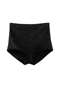 Czarne kąpielówki z wysokim stanem o fakturze diamentowego wzoru i gładkim materiale. Posiadają zaokrąglone nogawki i wygodny pas.