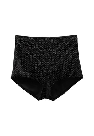 Schwarze Badehose mit hoher Taille, diamantmusterstruktur und glattem Stoff. Verfügt über abgerundete Beine und einen bequemen Bund.