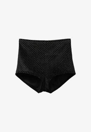 Czarne kąpielówki z wysokim stanem o fakturze diamentowego wzoru i gładkim materiale. Posiadają zaokrąglone nogawki i wygodny pas.