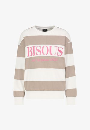 Leichter Pullover mit beigen und weißen horizontalen Streifen. Verziert mit pink besticktem Text "BISOUS sur la peau d'été." Gerippte Bündchen und Saum.