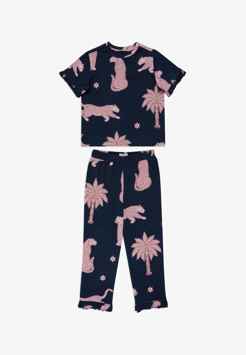 Navy pajama set featuring short-sleeve top and pants, decorated with pink animal and palm tree patterns, with ruffled sleeve and pant hems.