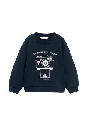 Felpa navy con grafica di una fotocamera, un cuore e la scritta "Dì "cheese", Torre Eiffel!" con un'immagine piccola della torre sottostante.