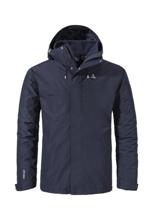 Marineblaue wasserdichte Jacke mit Kapuze, Reißverschluss und zwei Fronttaschen. Der Stoff hat eine glatte Textur; mit Logo-Detail auf der Brust.