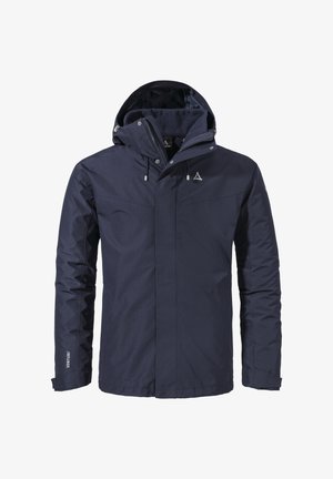 Marineblaue wasserdichte Jacke mit Kapuze, Reißverschluss und zwei Fronttaschen. Der Stoff hat eine glatte Textur; mit Logo-Detail auf der Brust.