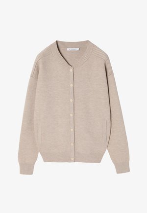 Cardigan en tricot beige avec un col en V, fermeture à boutons sur le devant, col et poignets côtelés, et poches latérales. Texture lisse dans l'ensemble.